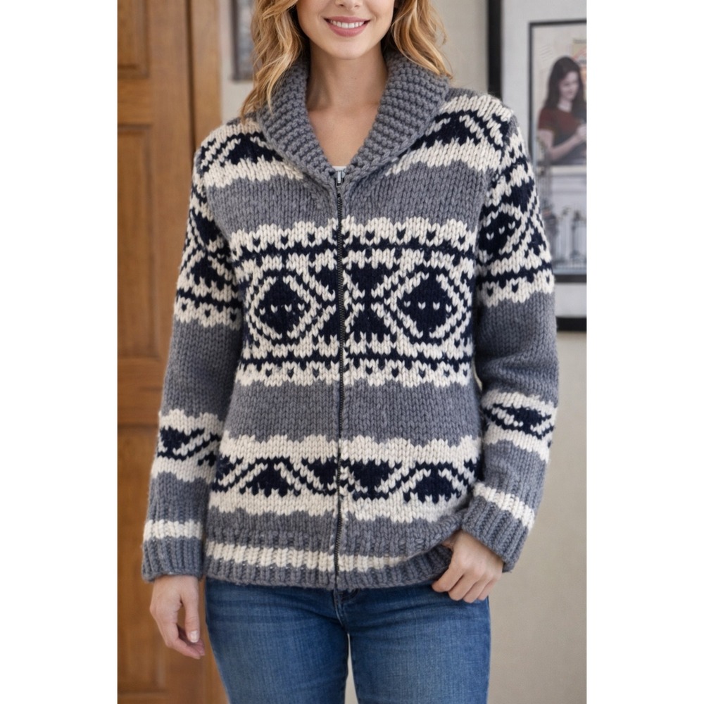 Fossil‎ Womens Wool Cashmere Full Zip Cardigan Sweater Eagle Intarsia Grey Small